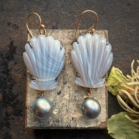 Laguna Agate Shell and Tahitian Pearl Earrings